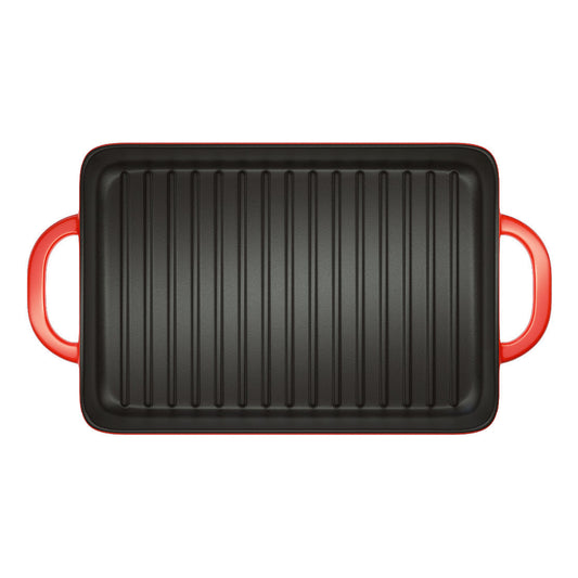 Top view of grill pan, showing grill lines and pan handles.