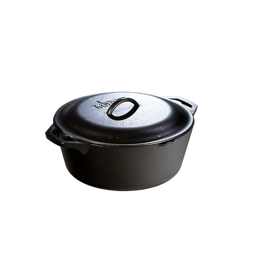 Cast iron dutch oven with lid. A loop handle on each side, pour spouts on the other sides, and a handle on top of lid.