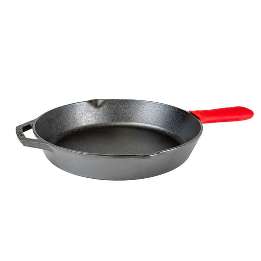 Skillet with red silicone handle holder.