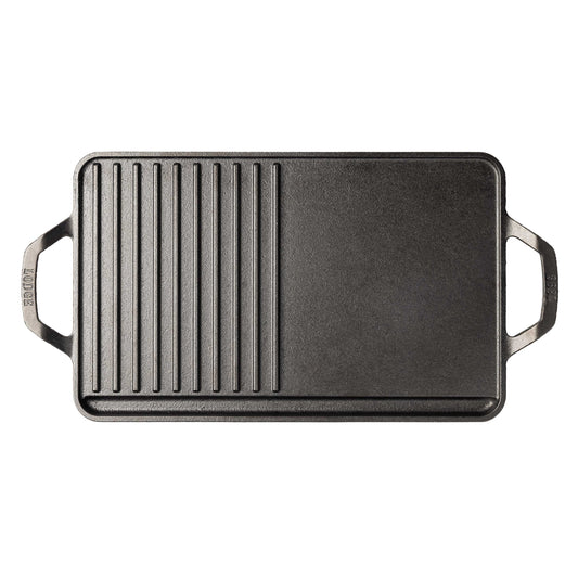 Top view showing half grill pan, half griddle, and a grease channel along one side.