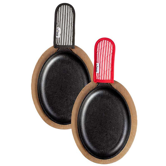 Top view of set showing the cooking area and the fabric handle holder patterns, one is red with white strips, the other is black with white stripes.
