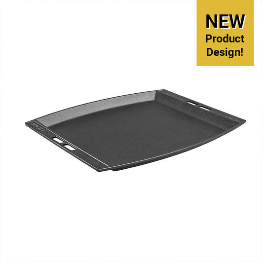 Black griddle shaped similar to a tray. With a badge indicting our new product design with holes on the handles to accommodate lift handles.
