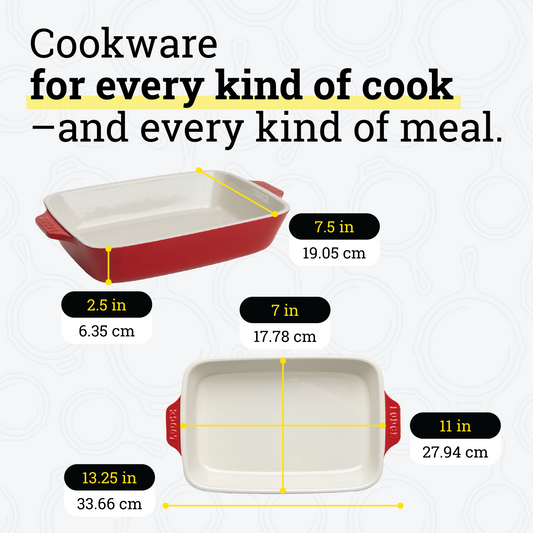 Dimensional drawings of casserole dish. Product height is 2.5 inches, width is 7.5 inches, length is 13.25 inches. Cooking surface width is 7 inches, surface length is 11 inches.