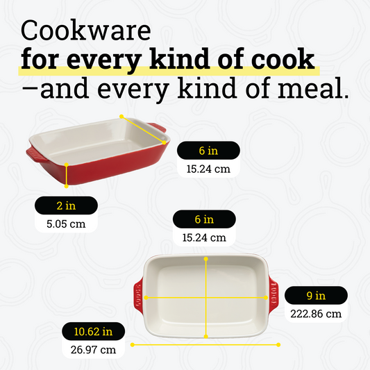 Dimensional drawings of casserole dish. Product height is 2 inches, width is 6 inches, length is 10.62 inches. Cooking surface width is 6 inches, surface length is 9 inches.