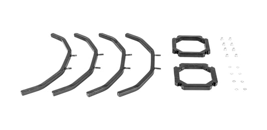 Image with all parts of stand. 4 legs, to square piece that connect legs, and required pieces.