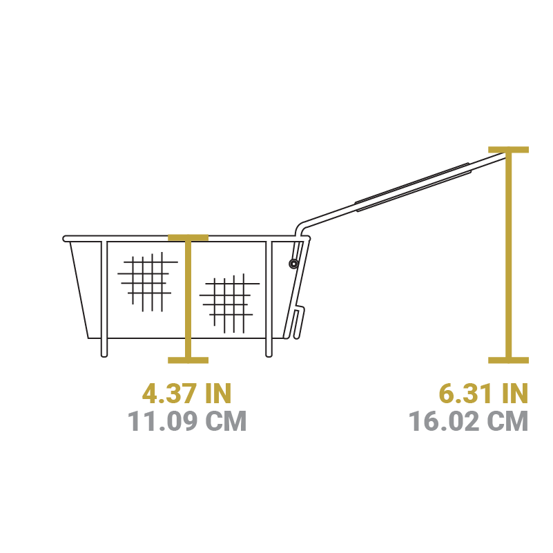 A dimensional drawing of fry basket. Depth of basket is 4.37 inches, total height from bottom to top of handle is 6.31 inches.