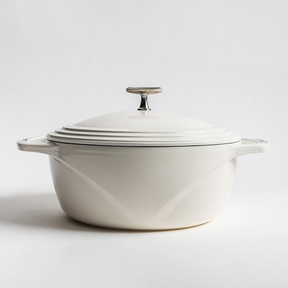 White enameled cast iron Dutch oven with a lid on a white background