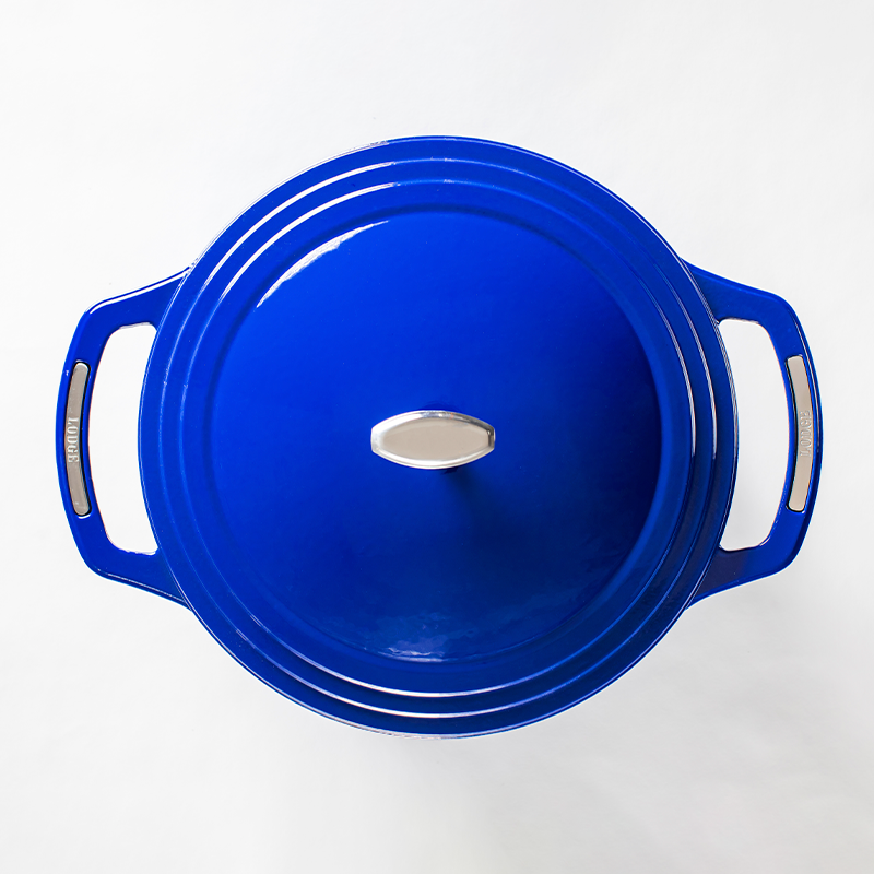 Top of blue dutch oven, featuring lid.