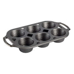 Cast iron muffin pan with 6 muffin cups.