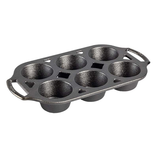 Cast iron muffin pan with 6 muffin cups.