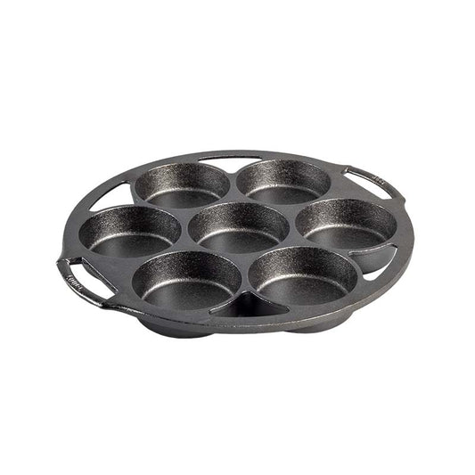 Circular pan with 7 cake cups and 2 handles.