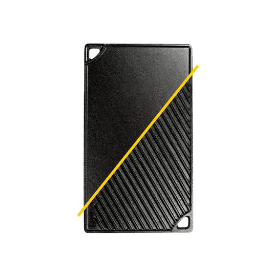 Rectangular griddle/grill pan with a yellow line through center to visualize both sides.