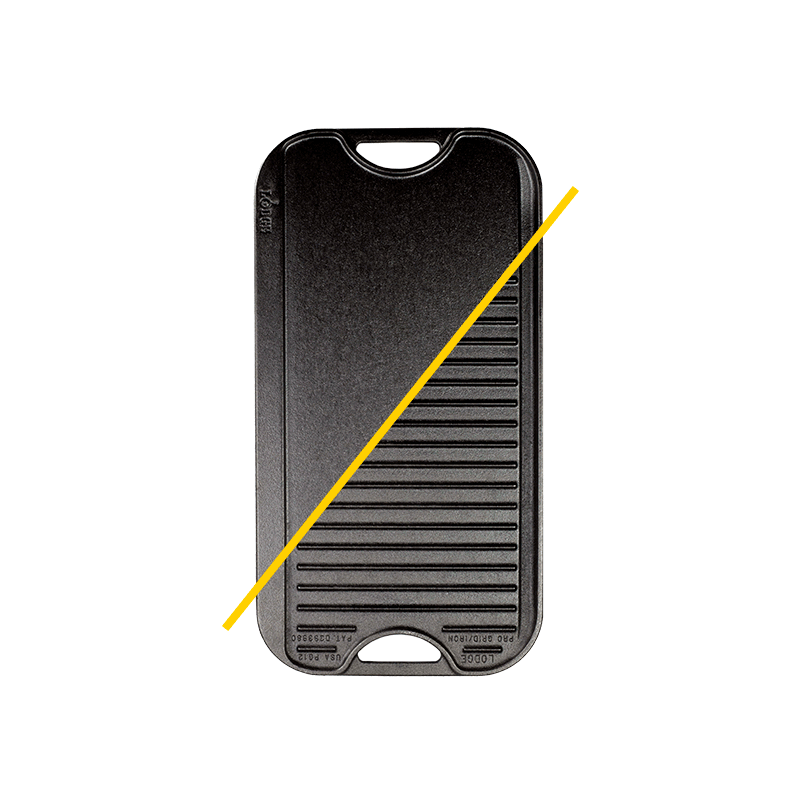 Griddle/grill pan with yellow line in middle showing both sides of pan..