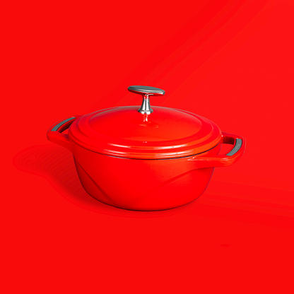 Red dutch oven on red background