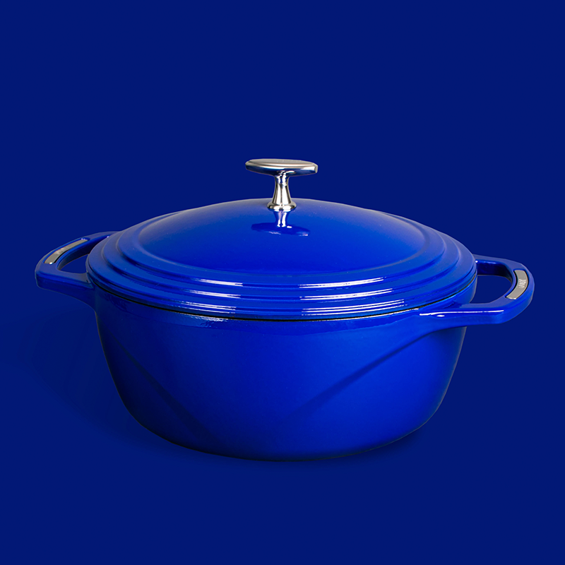 Blue dutch oven on blue background.