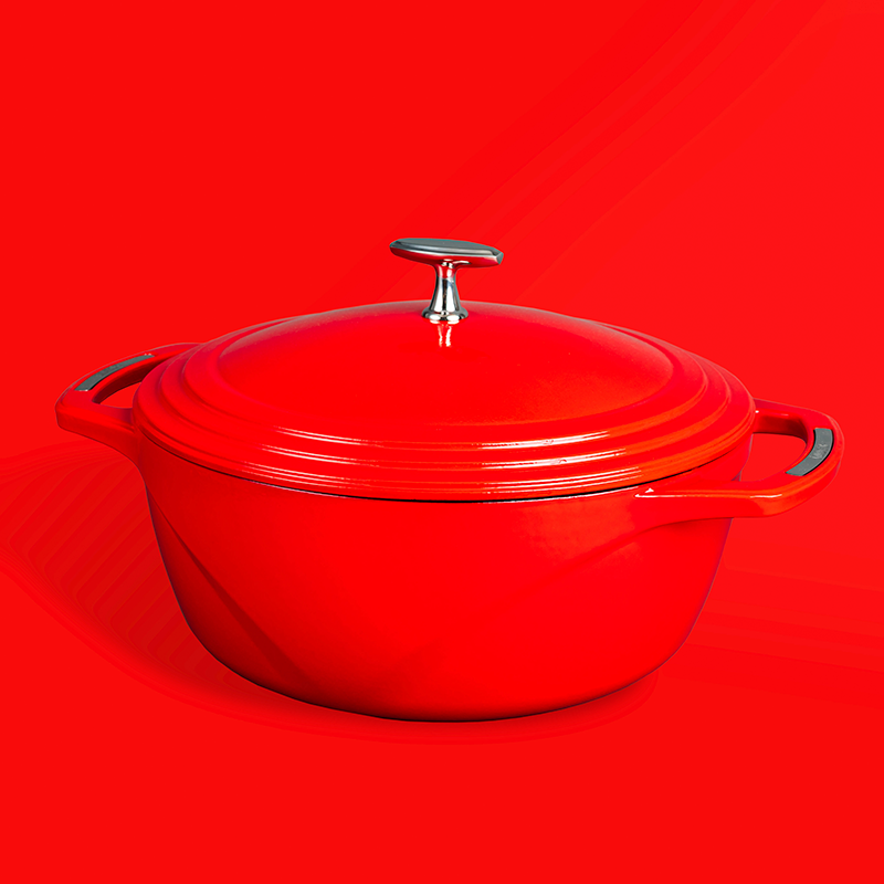 Red dutch oven on red background.