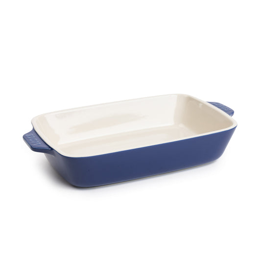 Indigo 11-by-7.5-inch stoneware baking dish with white interior.