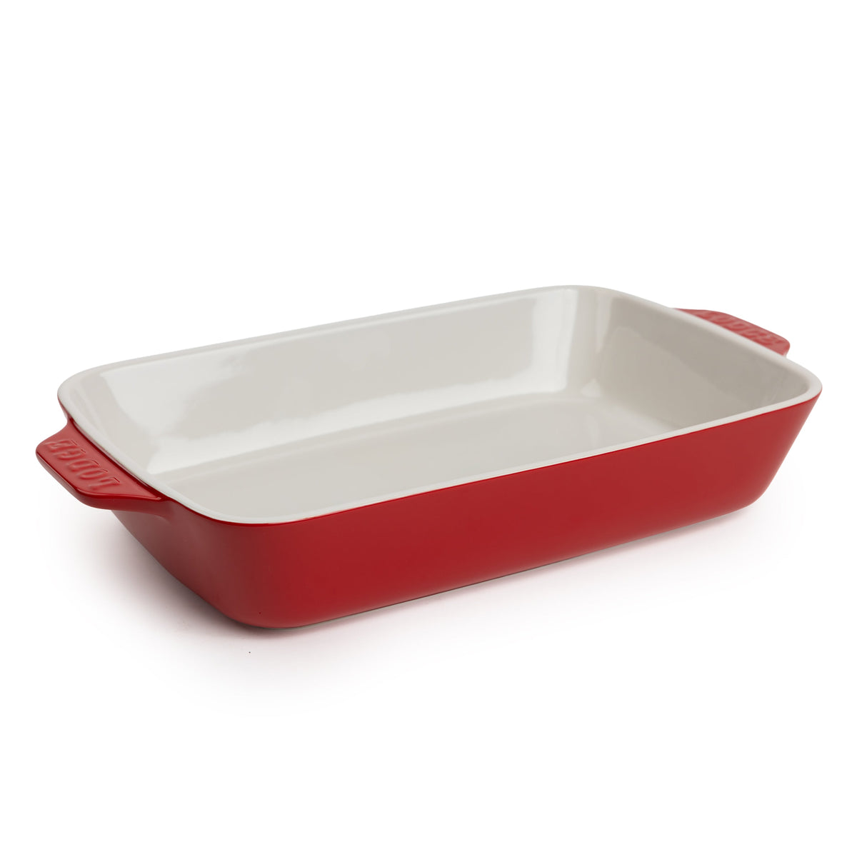 Cherry-red 13-by-9-inch stoneware casserole dish with white interior.