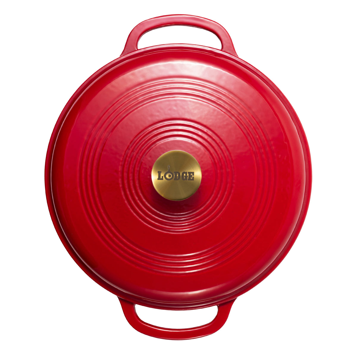 A red Lodge cast iron Dutch oven shown from a top-down view, featuring a circular lid with concentric ridges, two side handles, and a gold-colored center knob with the Lodge logo.