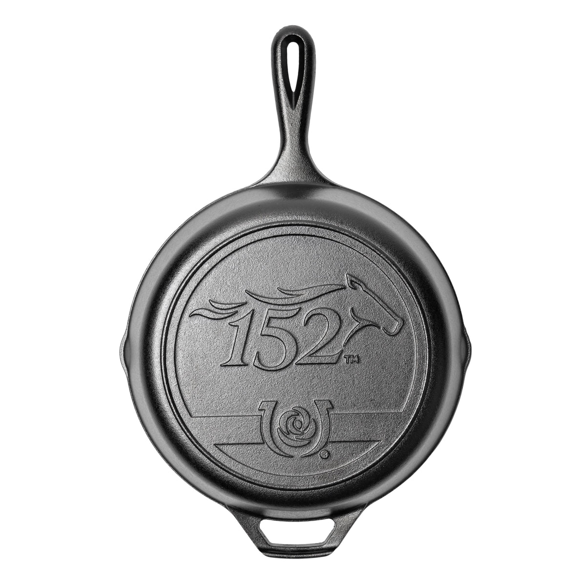 Black cast iron skillet with '152' logo on a white background