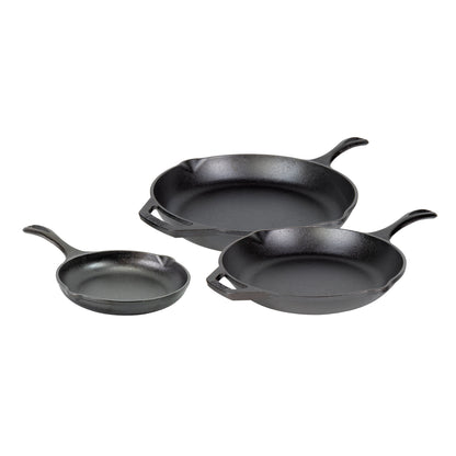 Set of 3 chef collection skillets, sizes include an 8, 10, and 12 inches.