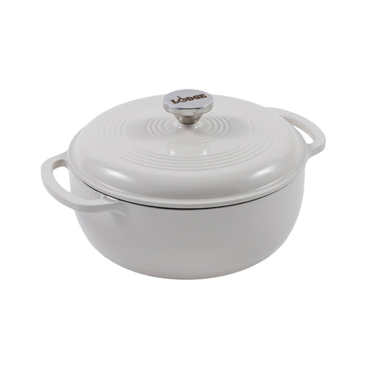 Oyster white enameled cast iron Dutch oven including a lid with silver knob.