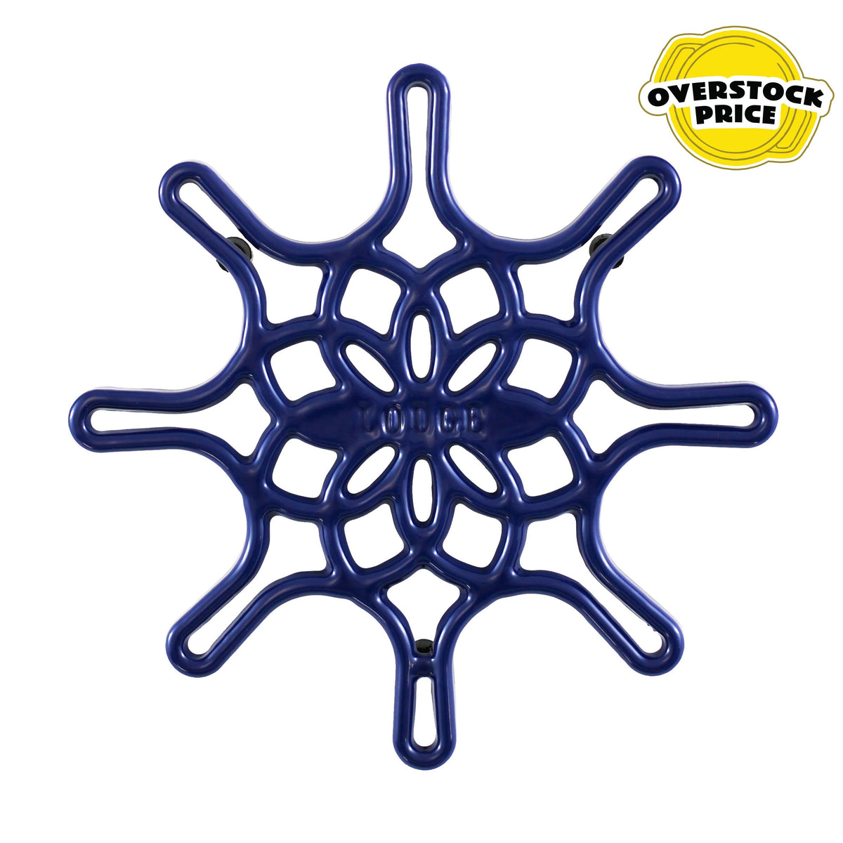 Blue spider web-shaped trivet with 'Overstock Price' label on a white background