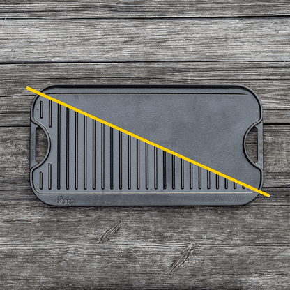 Pan on wooden surface with line through the middle to visualize both sides.