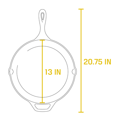 Dimensional drawing product. Full length is 20.75 inches, length of cooking surface is 13 inches.