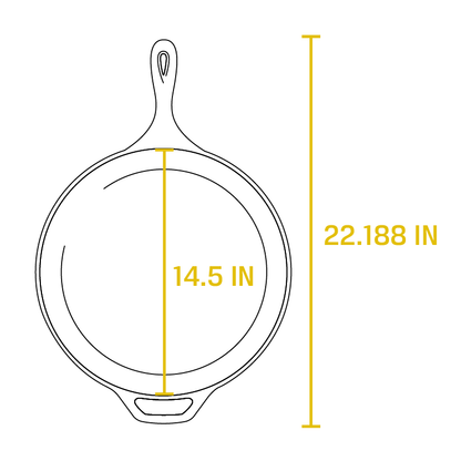 Dimensional drawing product. Full length is 22.188 inches, length of cooking surface is 14.5 inches.