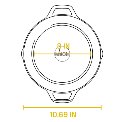 Dimensional drawing of product. Flat bottom width is 8 inches, total width is 10.69 inches.