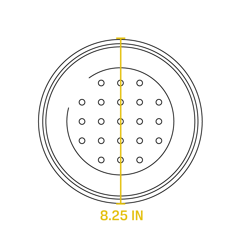 Dimensional drawing of product. Diameter is 8.25 inches.