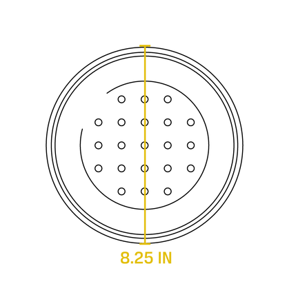 Dimensional drawing of product. Diameter is 8.25 inches.