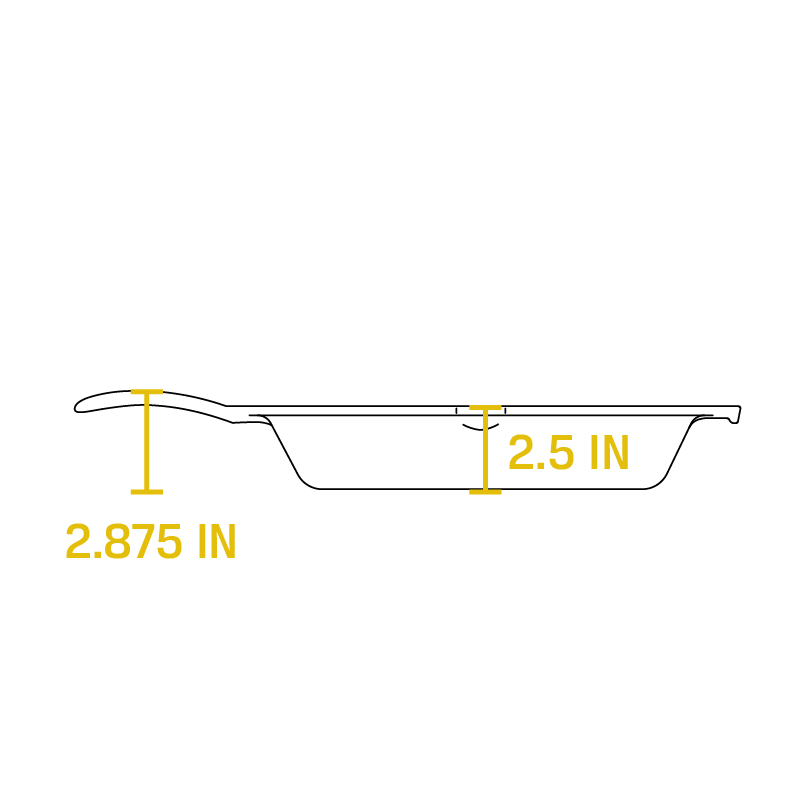 Dimensional drawing product. Depth of cooking surface is 2.5 inches, height of handle from bottom is 2.875 inches.