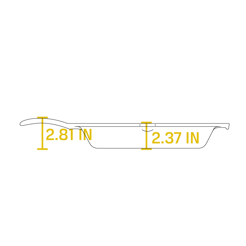 Dimensional drawing product. Depth of skillet is 2.37 inches, handle height from bottom is 2.81 inches.