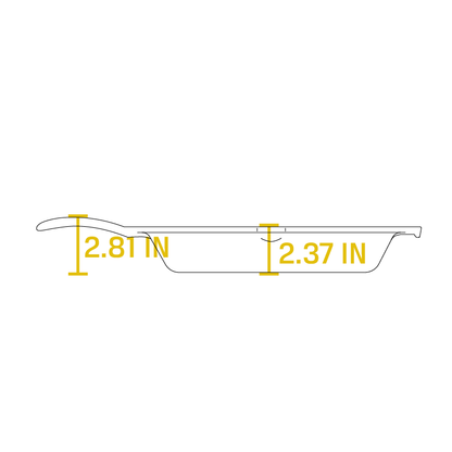 Dimensional drawing product. Depth of skillet is 2.37 inches, handle height from bottom is 2.81 inches.