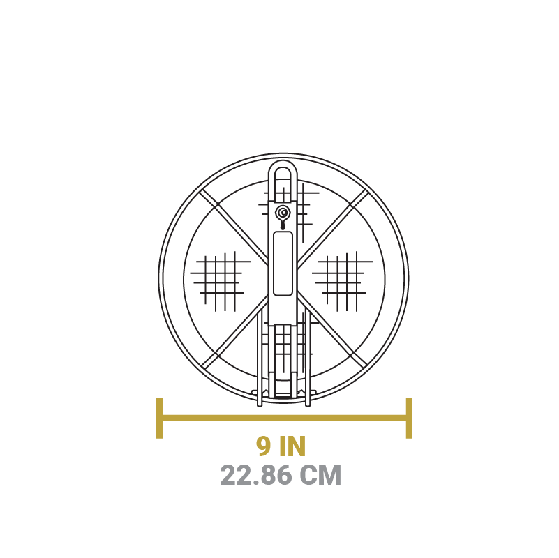 A dimensional drawing of product. Width of basket is 9 inches.
