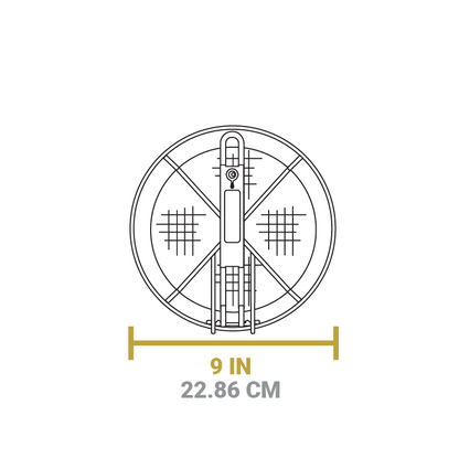 A dimensional drawing of product. Width of basket is 9 inches.