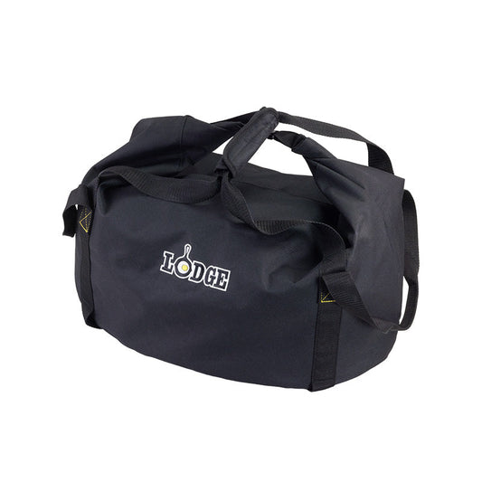 Black duffel bag with 'Lodge' logo on a white background