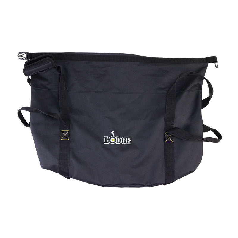 Bag laid flat on whtie table.