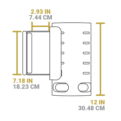 Dimensional drawing of product. Height is 12 inches, length of handle is 7.18 inches, width of handle is 2.93 inches.