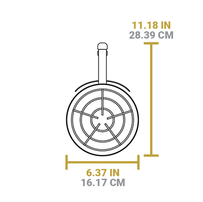 Dimensional drawing of product. Total width including handle is 11.18inches, width of cylinder is 6.37 inches.
