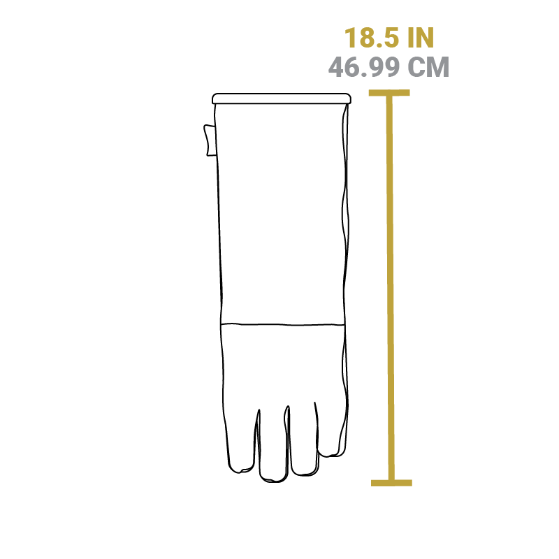 Dimensional drawing of product. Length of glove is 18.5 inches.