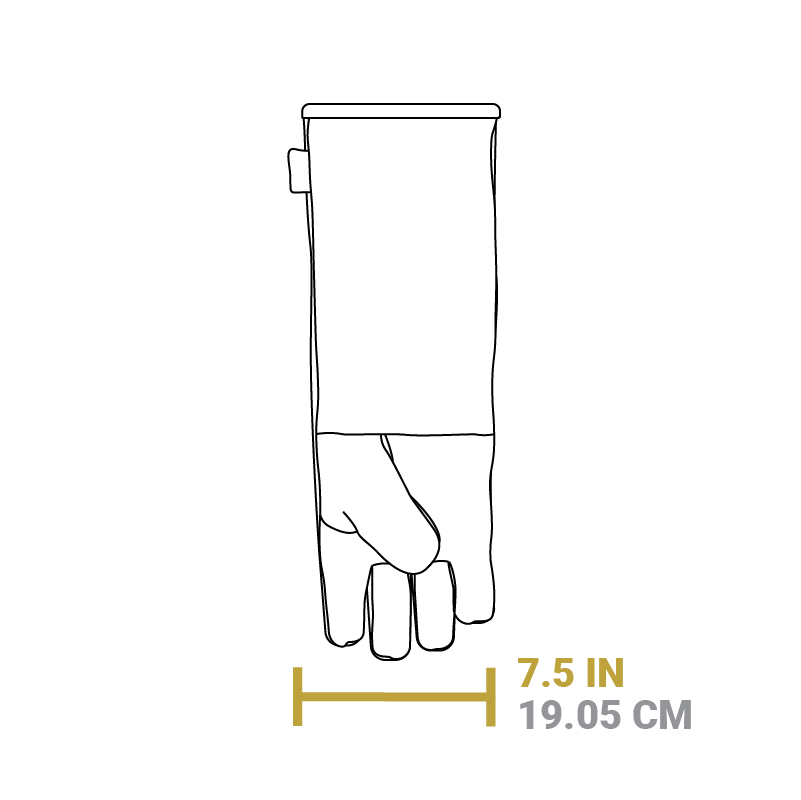 Dimensional drawing of product. Width of glove is 7.5 inches.