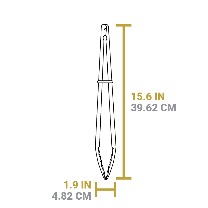 Dimensional drawing of product. Length is 15.6 inches, width of closed tongs is 1.9 inches.