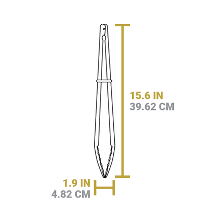 Dimensional drawing of product. Length is 15.6 inches, width of closed tongs is 1.9 inches.