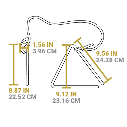 Dimensional drawing of product. Height of bell is 9.12 inches, length of triangle side is 9.56 inches, length of rod is 8.87 inches, width of rod is 1.56 inches.