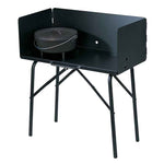 Black portable cooking table with 3 tall windscreen's to protect your cooking from wind and retain heat.