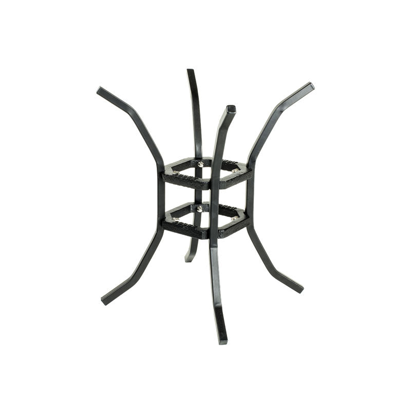 Metal stand with 4 legs that curve out.