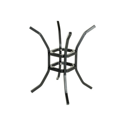 Metal stand with 4 legs that curve out.